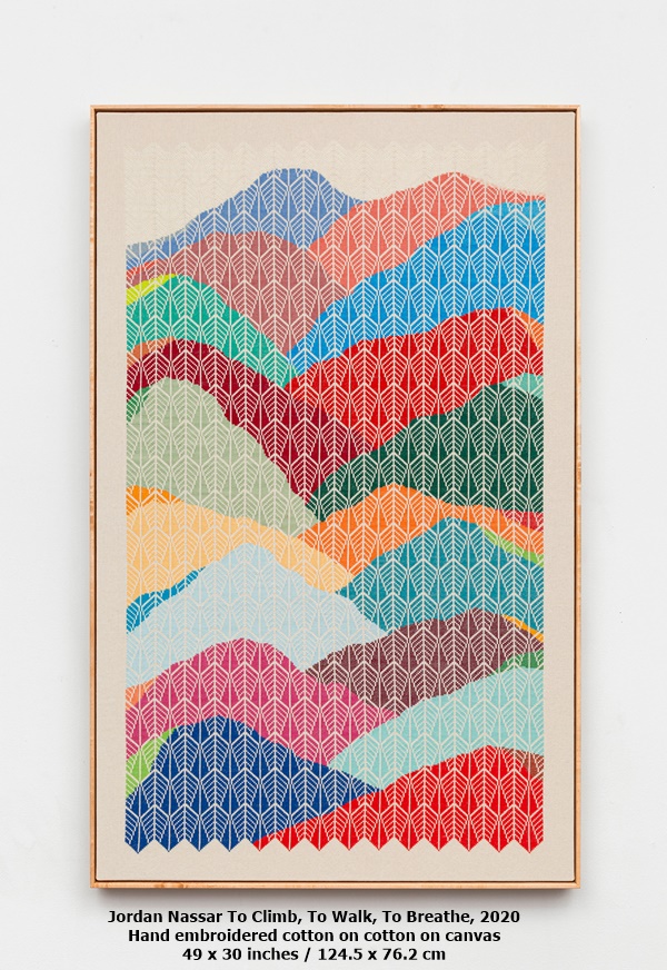 click to enlarge- double click to reduce Jordan Nassar To Climb, To Walk, To Breathe, 2020
Hand embroidered cotton on cotton on canvas 49 x 30 inches / 124.5 x 76.2 cm