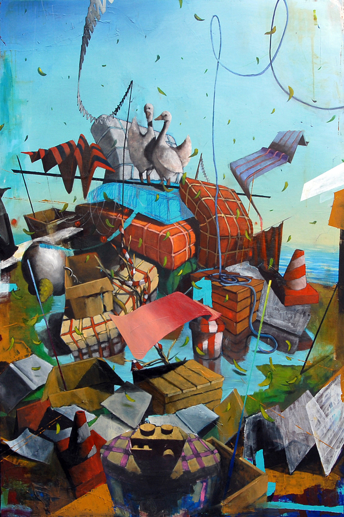 Luca Moscariello, Deriva, 2014, tecnica mista su tavola, cm. 150x100 Galleria Bonioni Arte