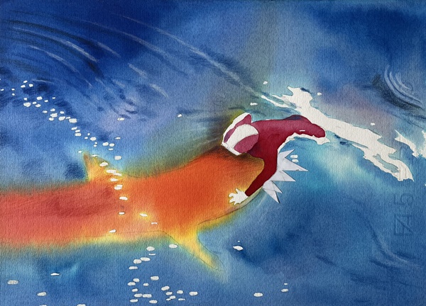 Marcello Jori, Acquarello inedito per Lo Straordinario Viaggio del Mondo, Edizioni Rizzoli, anni ‘90, acquerello su carta, 25x34,5 cm